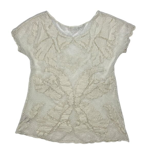 Anthropologie Lilka Mesh Appliqued Tunic Top S Cream Coverup Cap Sleeve Bohemian - Picture 10 of 11